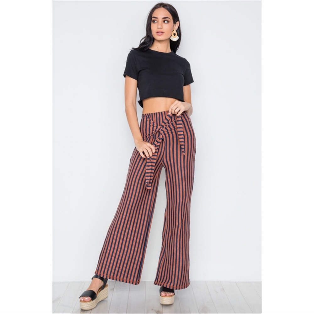 Rust Navy Stripe Knit Front Tie Wide Leg Palazzo